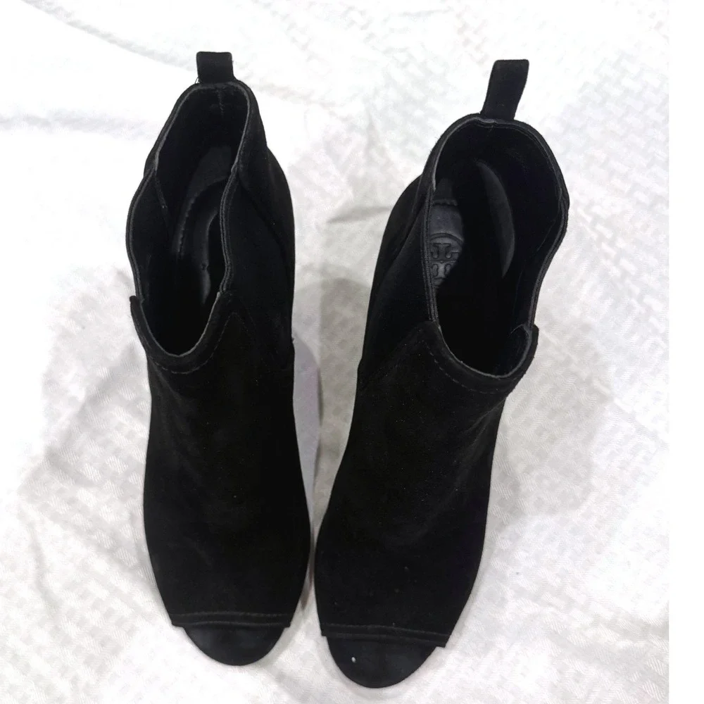 Tory Burch Black Suede Peep Toe Booties Women 8.5 Block Heel Chelsea Ankle Boots